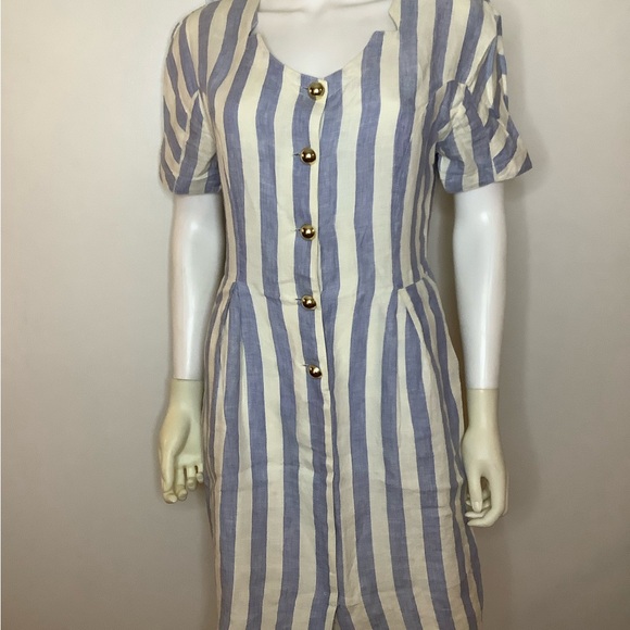 Merry Hat Dresses & Skirts - Elegant Linen Chunky Gold Button Blue and White Striped Midi Dress VTG